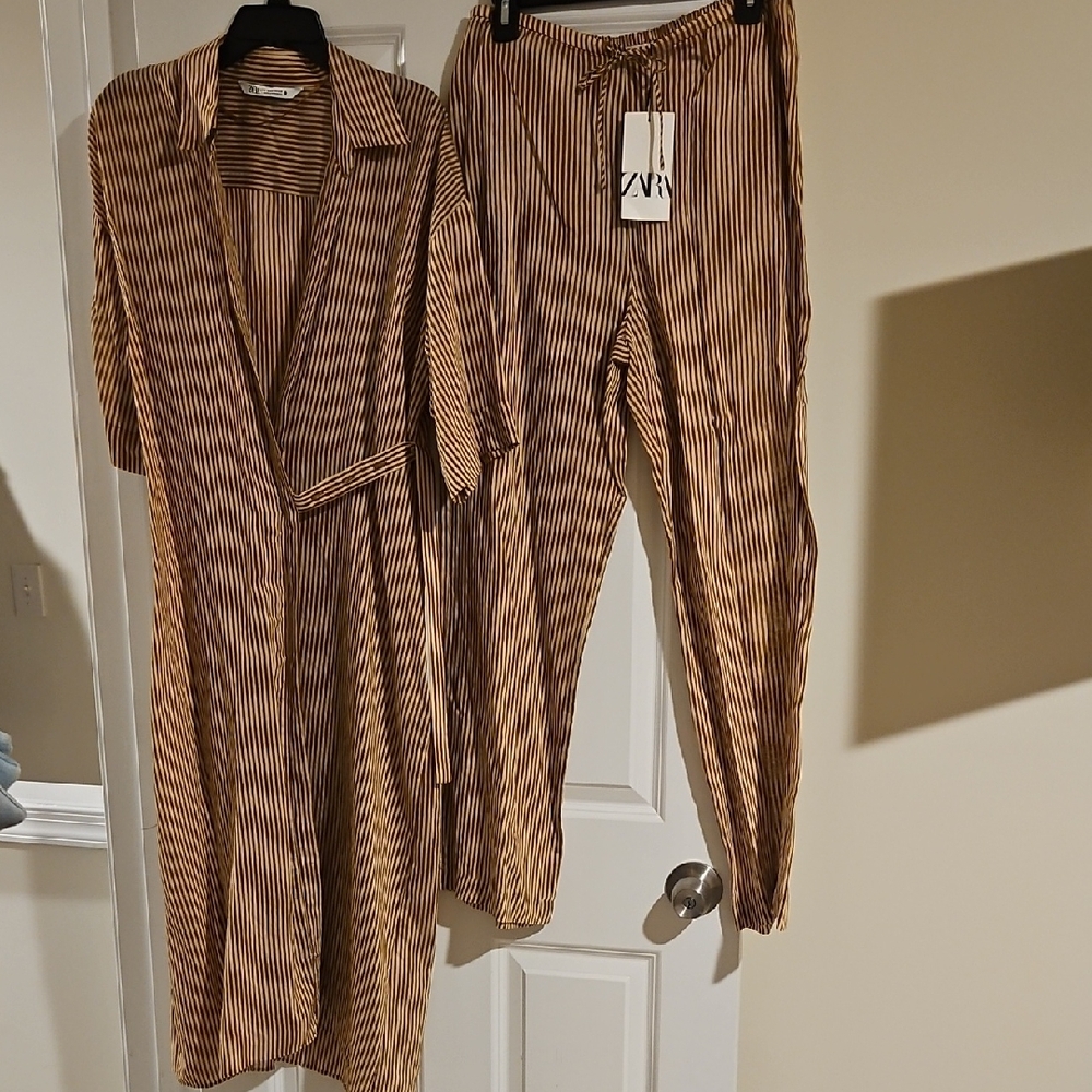 Zara Brown Striped Asymetrical Tunic With Trousers